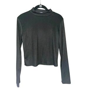 Black Ribbed Mock Neck Long Sleeve‎ Crop Top Minimalist Basic Casual C23